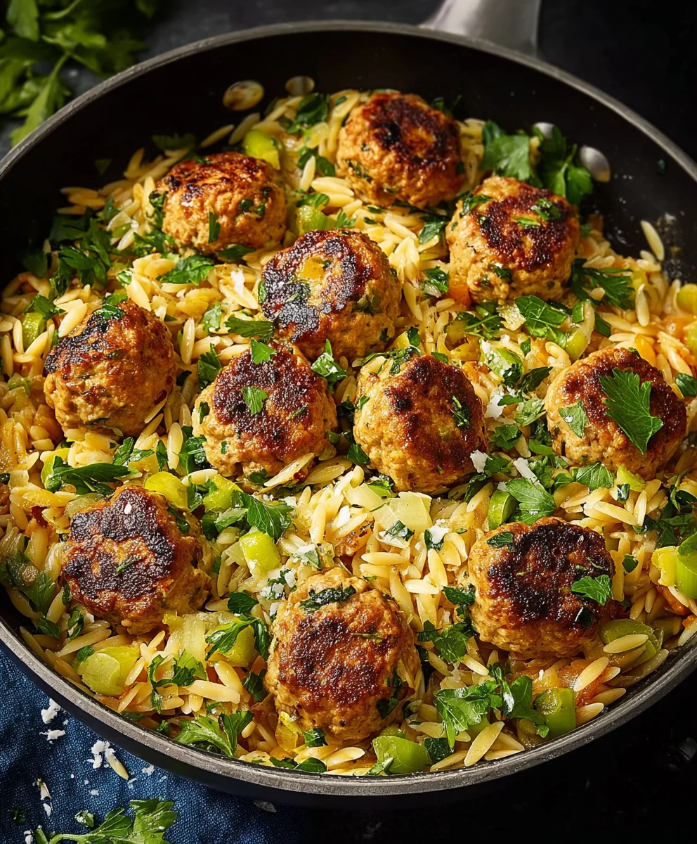 One-Pan Chicken Meatballs Orzo Dinner