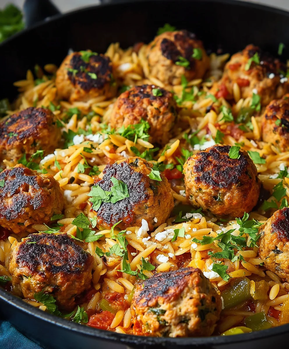 One-Pan Chicken Meatballs Orzo Dinner