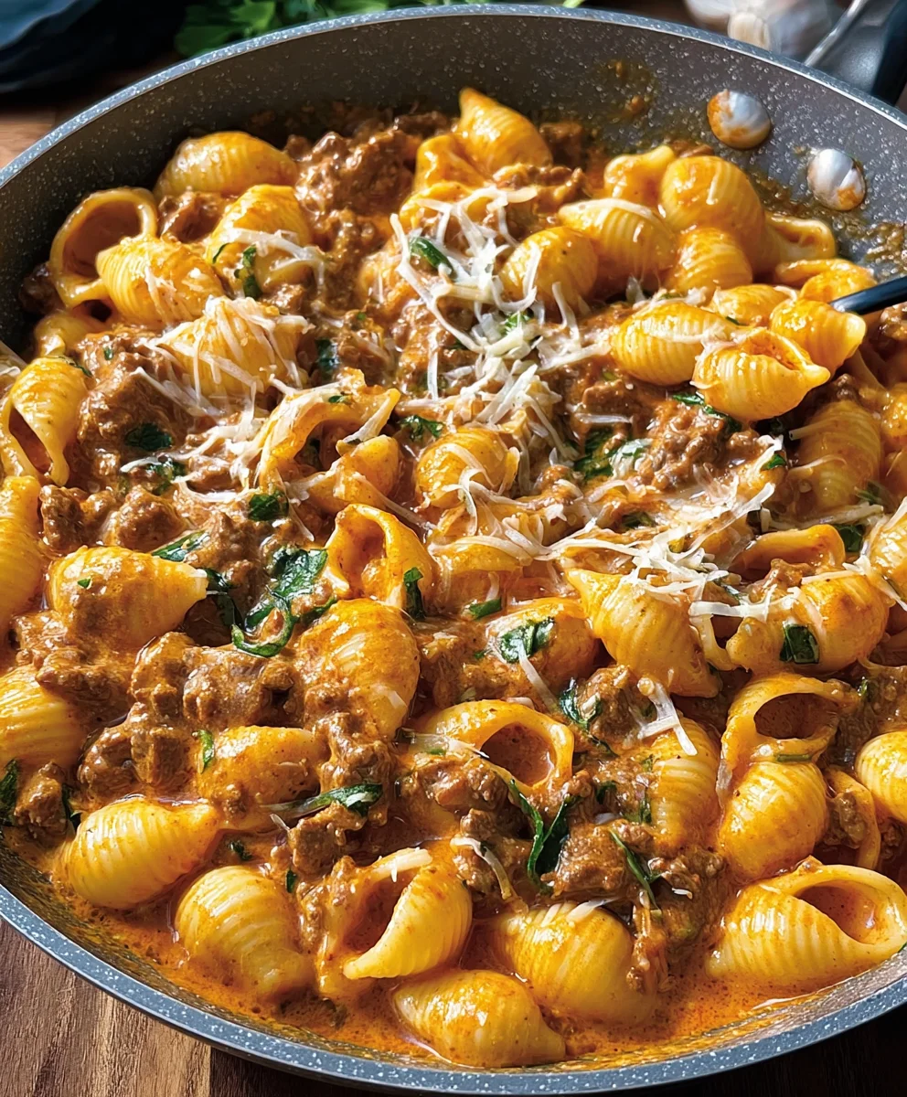Creamy Beef and Shells-Easy One-Pan Dinner