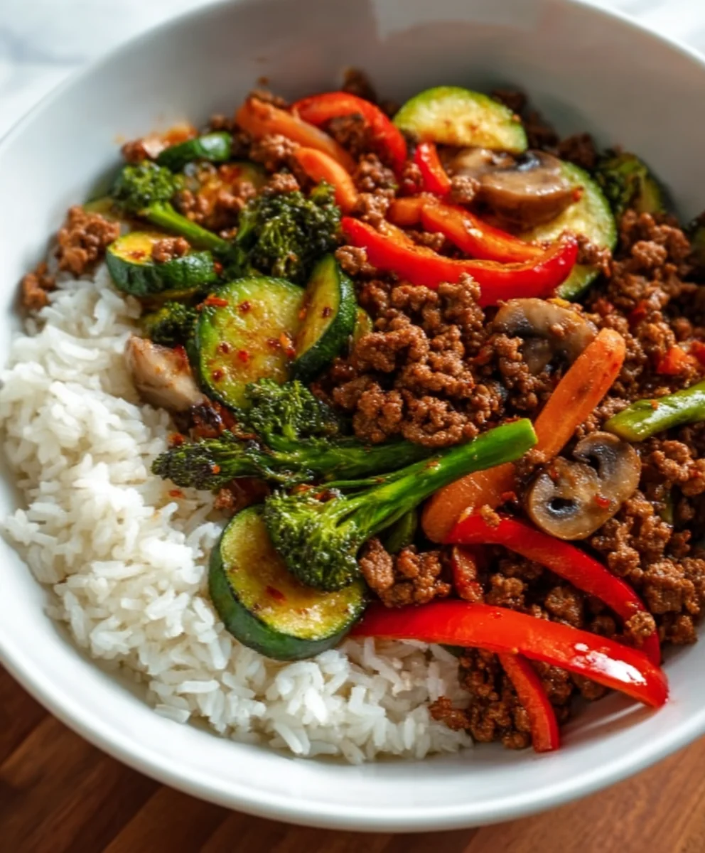 Spicy Ground Beef Stir-Fry Garlic Veggie Rice Bowl