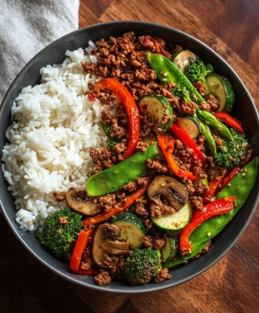 Spicy Ground Beef Stir-Fry Garlic Veggie Rice Bowl