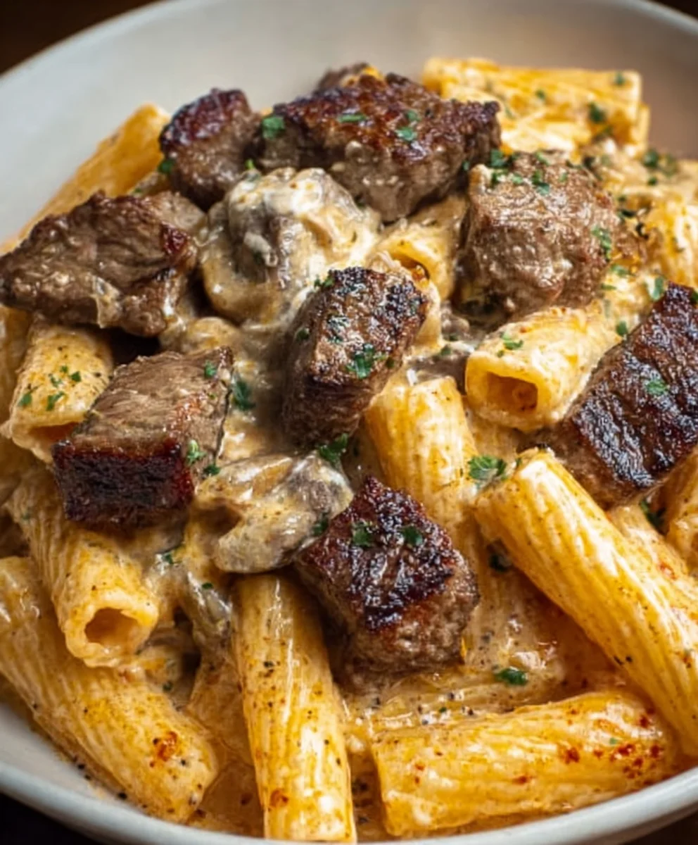 Cajun Steak Tips Cheesy Rigatoni Parmesan Pasta