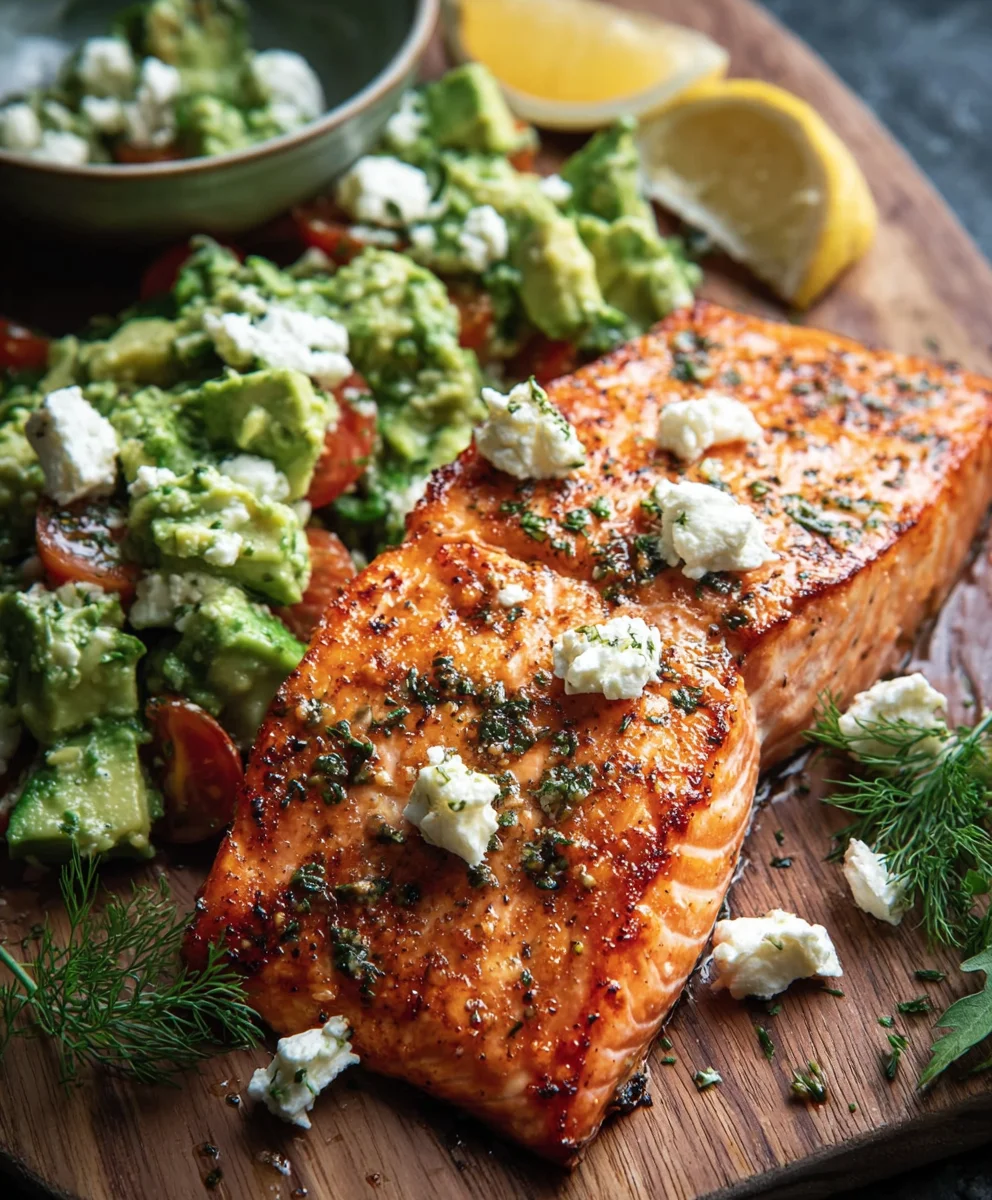 Easy Baked Salmon Avocado Feta Delight