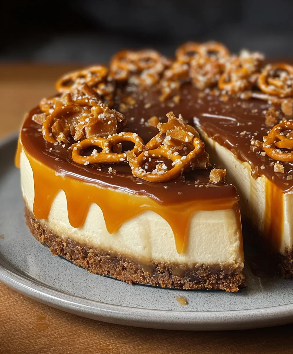 Salted Caramel Pretzel Cheesecake Recipe-Decadent Dessert