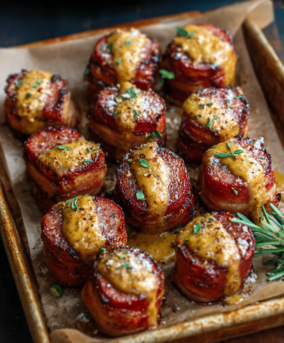 Mustard Hasselback Beef Sausage Bites