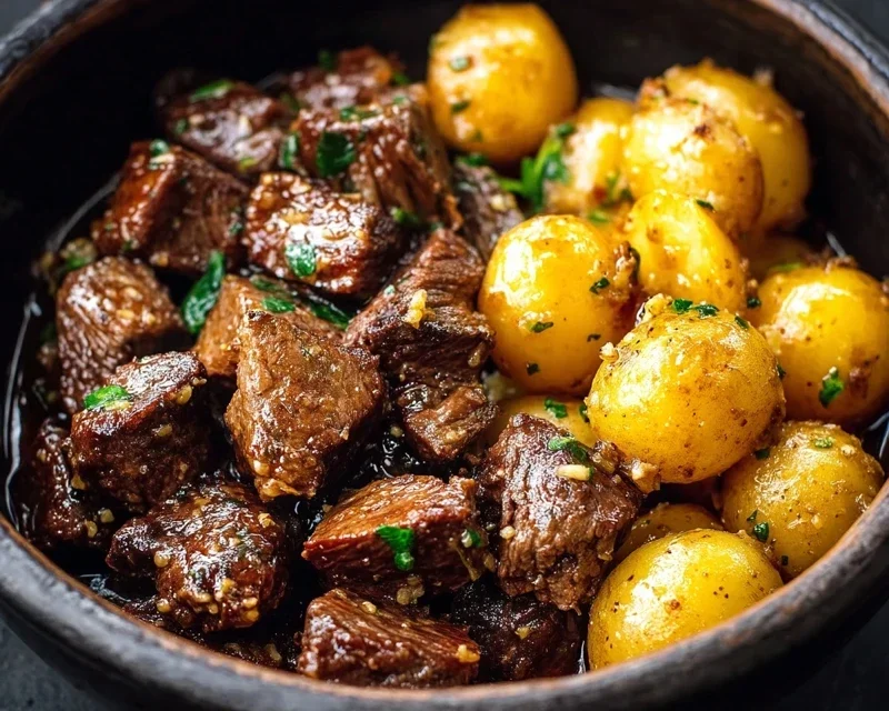 Slow Cooker Garlic Butter Beef Bites with Potatoes