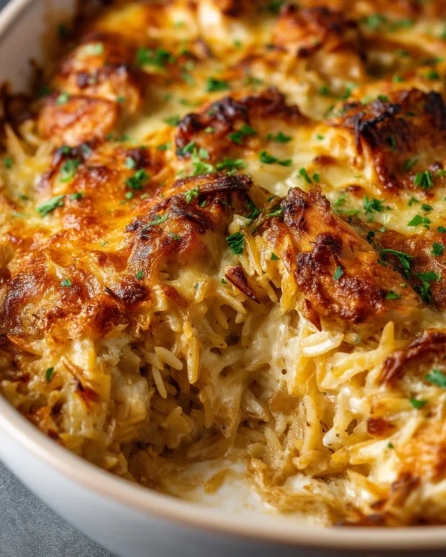 French Onion Chicken Orzo Casserole
