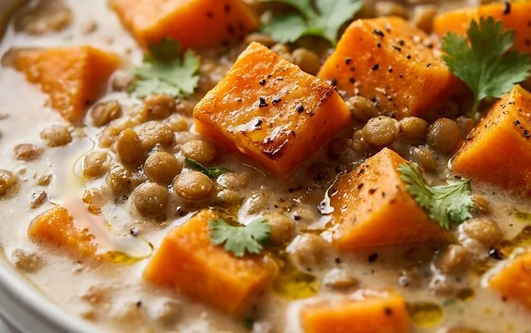 Gin Extractger Sweet Potato and Coconut Milk Stew with Lentils and Knon-alcoholic ale