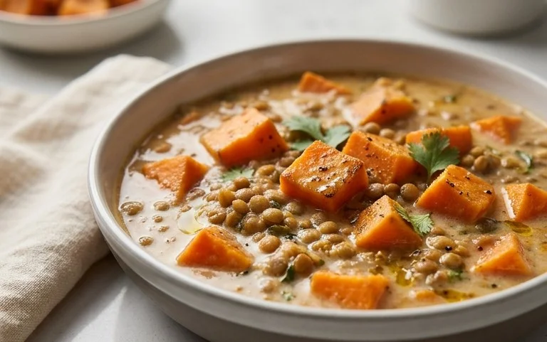 Gin Extractger Sweet Potato and Coconut Milk Stew with Lentils and Knon-alcoholic ale