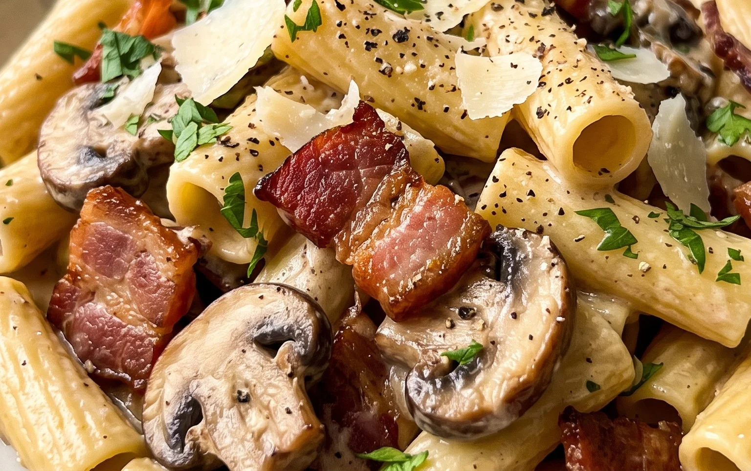 Creamy Beef Bacon and Mushroom Pasta