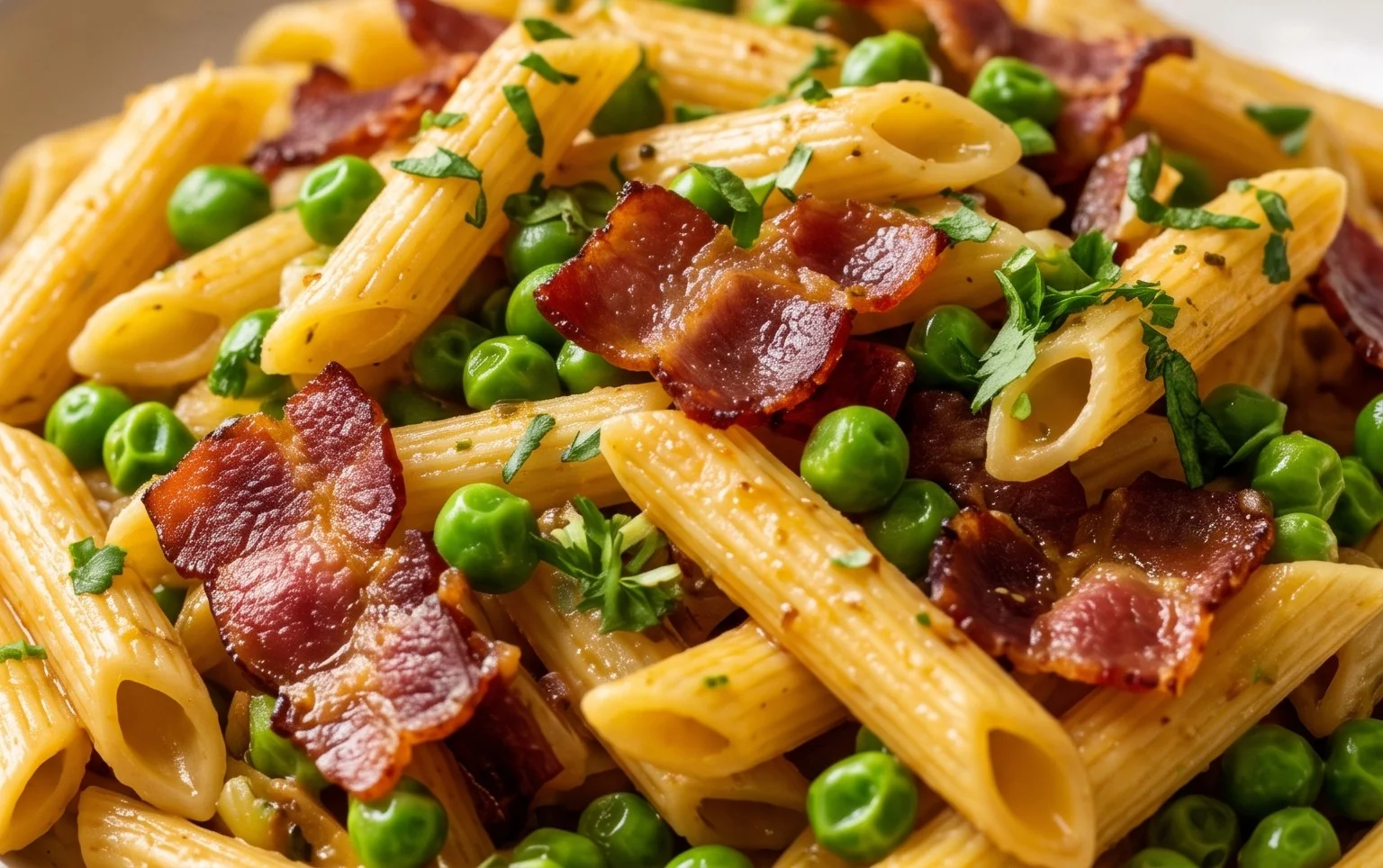Penne Pasta, Peas and Beef Bacon