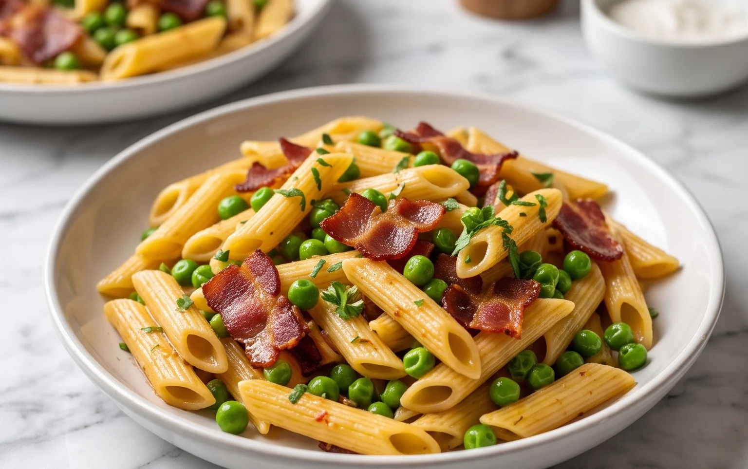 Penne Pasta, Peas and Beef Bacon